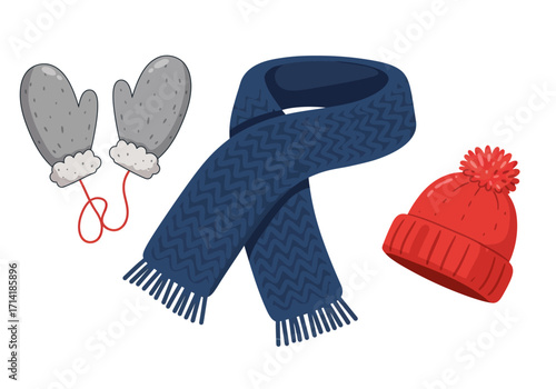 Winter Clothing Set Mittens Scarf and Beanie Hat.