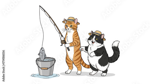 Fishing Felines: Two adorable cats, adorned in hats, enjoy a day of fishing together, creating a heartwarming illustration of friendship and leisure.
