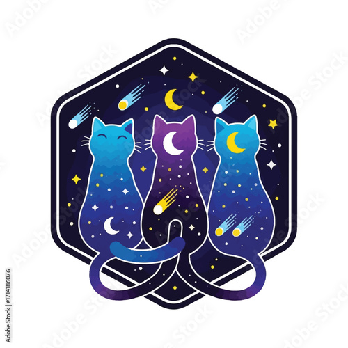Three space cats sitting together in a hexagonal space design, with moons and stars.