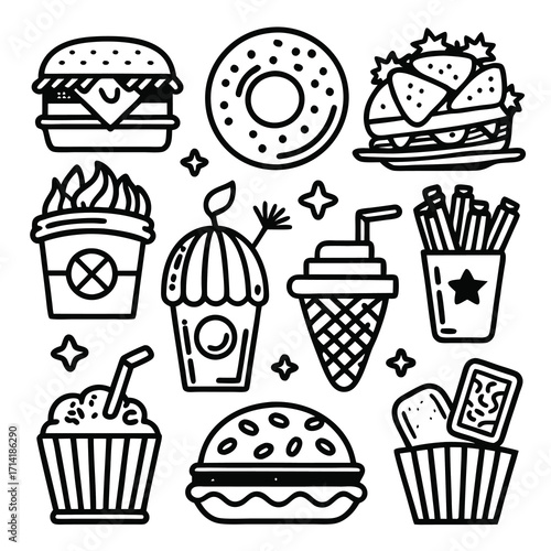 lineart fast food and drink vector icons including burger, fries, pizza, donut, soda, ice cream, and milkshake.