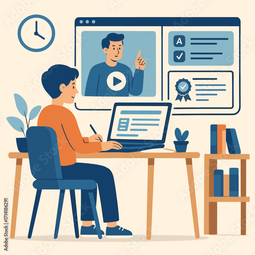 Online learning concept: flat design of a student attending virtual class on laptop