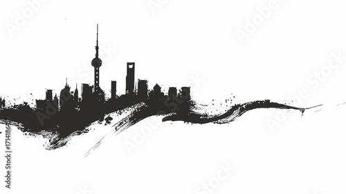 Shanghai skyline silhouette in dramatic black brush ink grunge painting