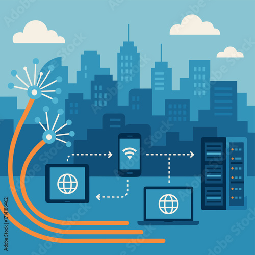 Smart city network with digital devices and connectivity in flat style