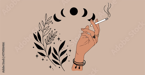 Illustration Of Hand Holding Cigarette And Celestial Wreath On Beige Background