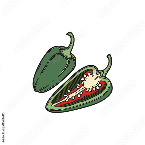 Whole and halved green jalapeno pepper illustration