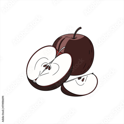 Illustration of a whole apple a halved apple and a slice of apple