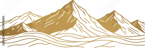 Illustration of Mountain Range in Golden Tones over Abstract Waves on White