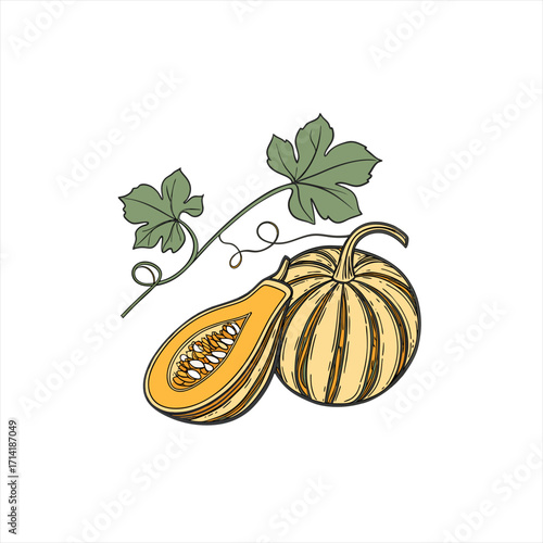 Illustration of a whole pumpkin and a halved pumpkin with leaves and vine