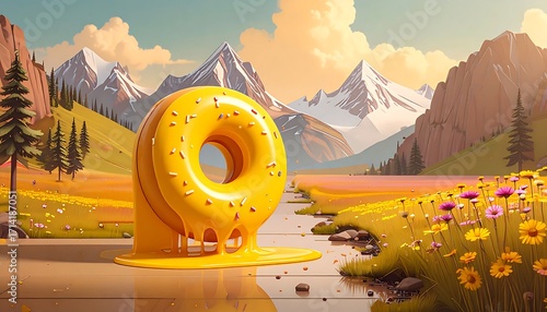 Fototapeta Naklejka Na Ścianę i Meble -  A large, melting donut in a meadow