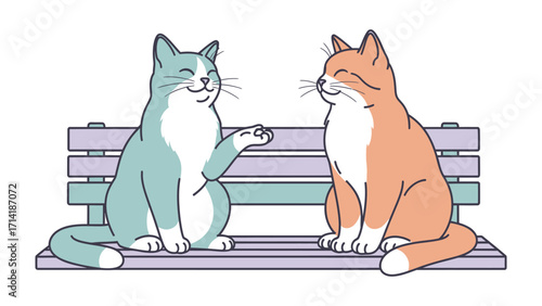 Cats Chatting: A charming scene unfolds as two friendly cats engage in an animated conversation, relaxing comfortably on a park bench in this vibrant illustration.