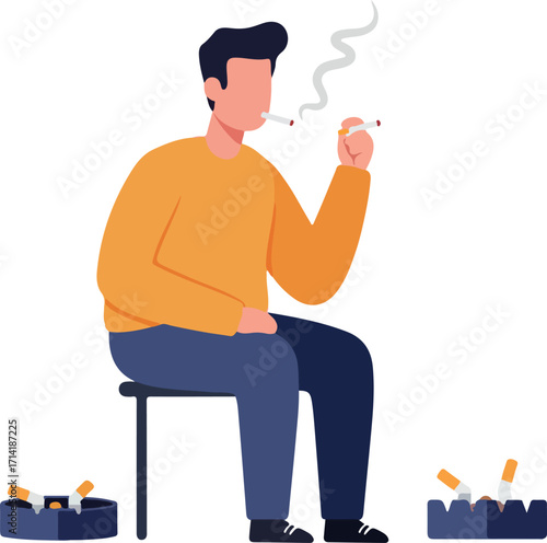 Illustration Of Person Smoking Cigarette Sitting With Ash Trays on Isolated Background