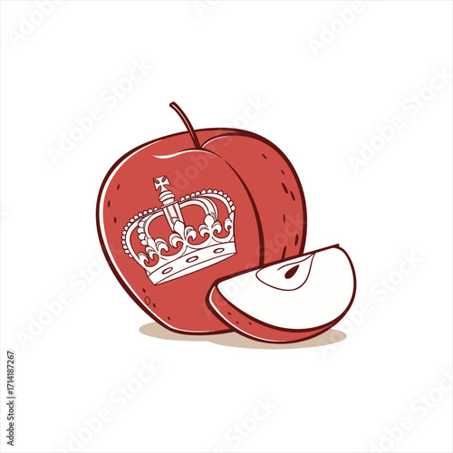 Red apple with a crown emblem and a slice