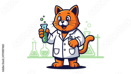 Clever Chemist Cat: A charming cartoon cat, clad in a lab coat, triumphantly holds a test tube with vibrant green liquid, ready for the experiment. 