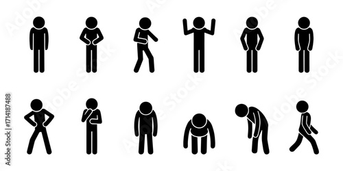 Stickman tired and sick poses icon set. Vector pictogram of people feeling fatigue, stress, illness, exhaustion, back pain, stomach ache, headache, depression, burnout, sad, emotional health symbol.