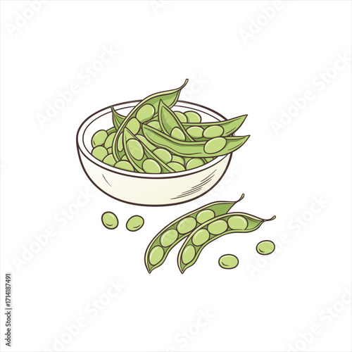Fresh green soybeans in a bowl with pods and beans scattered around