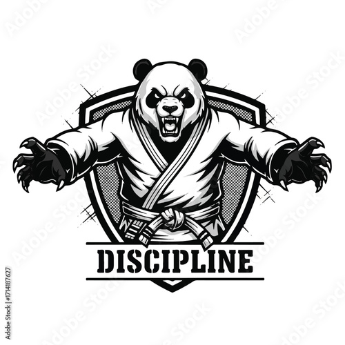 Black and white illustration of a panda wearing a martial arts uniform with the word discipline.