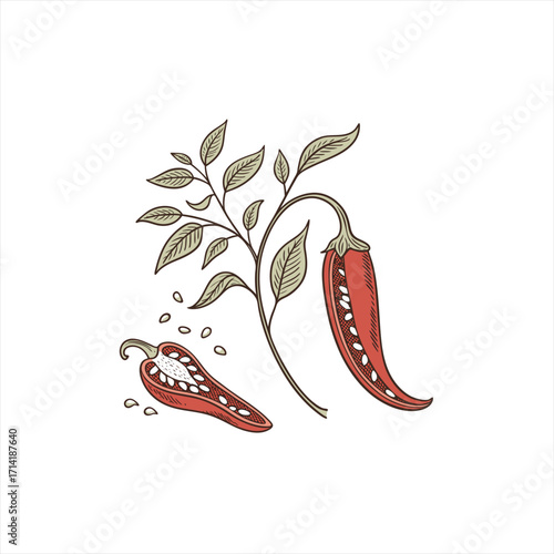 Illustration of a red chili pepper plant with sliced peppers and seeds