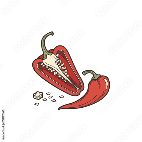 Red chili peppers one whole and one sliced in half with seeds