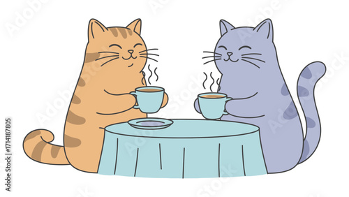 Cozy Cat Cafe: Two cartoon cats enjoy a warm cup of coffee at a small table, creating a scene of pure contentment and friendship in an artistic illustration.