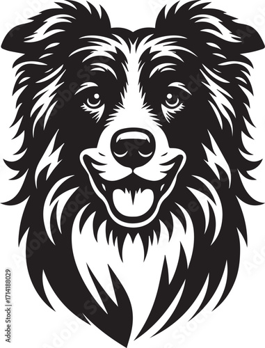 Border Collie Dog Vector Illustration, Black and White Silhouette, Pet Animal Design