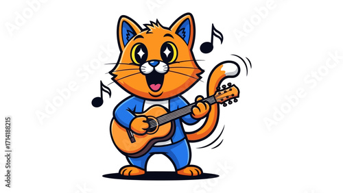 Melodic Feline: A cheerful animated cat serenades with a guitar and musical notes, embodying the joy of musical expression in a lively cartoon.