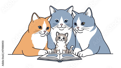 Feline Scholars' Gathering: A heartwarming illustration of three mature cats and a kitten engrossed in a book, symbolising wisdom and the pursuit of knowledge.