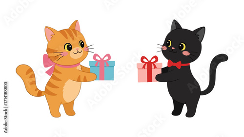 Gift-Giving Kitties: Two charming feline friends, a tabby and a sleek black cat, exchange beautifully wrapped presents, capturing the essence of friendship, sharing.