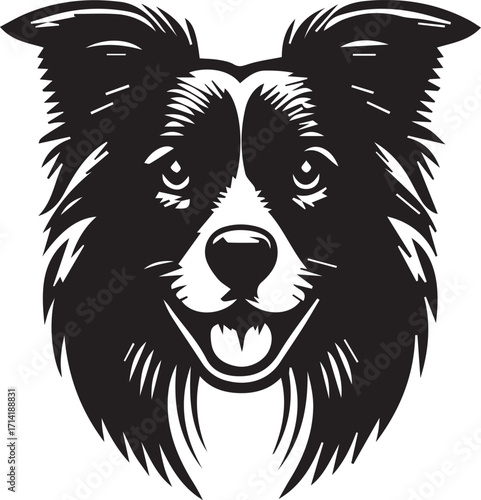 Border Collie Dog Vector Illustration, Black and White Silhouette, Pet Animal Design
