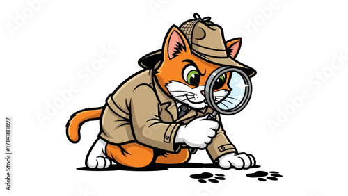 Detective Cat on the Prowl: A cartoon cat, donned in a classic detective's outfit, utilizes a magnifying glass to scrutinize clues, embodying curiosity and investigative prowess.