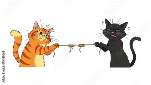 Playful Cat tug-of-war: An adorable cartoon of orange and black cat is engaged in a hilarious tug-of-war game, showcasing the amusing competition and interaction of friendly felines.