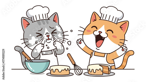 Sweet Mishap & Delight: Charming cartoon cats engaged in a delightful baking scene. One cat is depicted with a look of playful struggle while the other radiates pure joy.