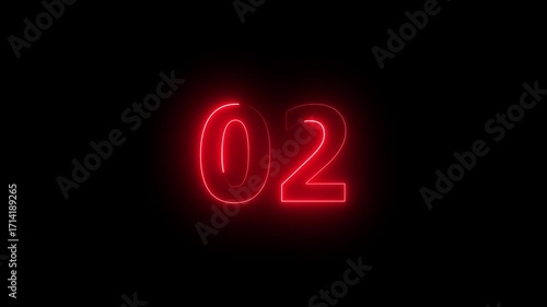 2 number neon bright red color animation on black background 4k video.