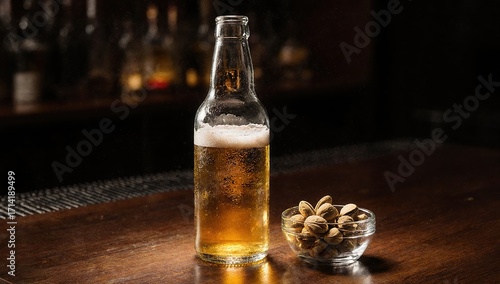 Beer bottle and glass bowl of pistachios on wooden bar table with light shining through