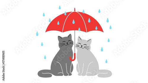 Sheltered in the Rain: Two serene cats find solace under a vibrant red umbrella, amidst a gentle rain shower, exuding a sense of cozy comfort and mutual companionship.