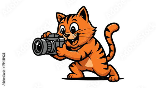 Cat Photographer with Camera: A cheerful cartoon cat expertly holds a digital camera, poised to capture a memorable shot. Perfect for illustrating photography, animal-related topics.