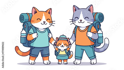 Adventure Awaits: A Family of Cats Embarks on a Journey, Hiking with backpacks, celebrating a vibrant family adventure and the joy of exploration.
