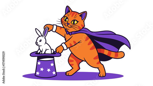 Cat Magician with magic hat and rabbit: A charismatic cartoon cat magician is dressed in a cape and pulling a white rabbit from a magic hat, conjuring a whimsical performance with an air of wonder.