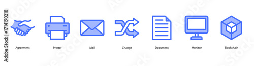 Digital Business Tools web banner icon vector illustration featuring Agreement, Printer, Mail, Change, Document, Monitor, and Blockchain for modern office operations.
