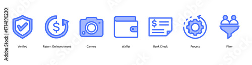 Financial Reporting web banner icon vector illustration featuring Verified, Return On Investment, Camera, Wallet, Bank Check, Process, and Filter for data accuracy and insight.