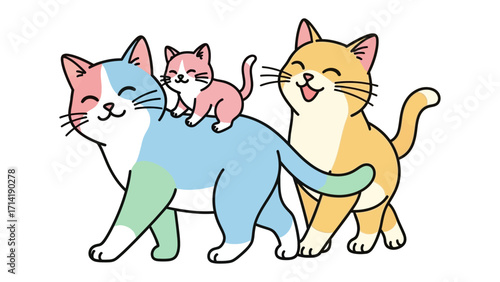 Joyful Feline Family Illustration: A vibrant cartoon depicts a happy family of cats, with a playful kitten riding atop its parent's back, set against a neutral background.