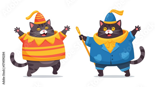 Cat Clowns in Costumes: Two jovial cartoon cats, donned in whimsical clown outfits, radiate mirth with wide smiles and outstretched paws. A splash of playful illustration.