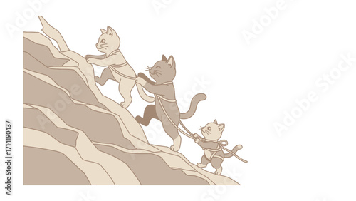 Kitten's Ascent: Three adorable kittens courageously ascend a textured mountain, a metaphor for support and cooperation. A testament to the spirit of perseverance. 