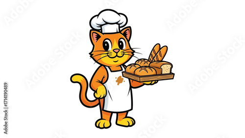 Whiskered Baker: A charming cartoon cat, adorned in a crisp apron and chef's hat, proudly presents a tray of freshly baked goods.