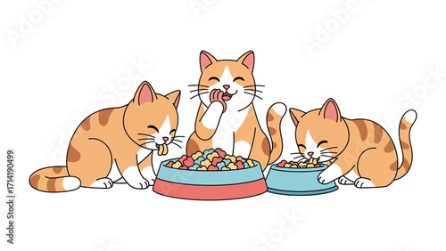 Cozy Cat's Mealtime: A heartwarming scene featuring three adorable cats enjoying their meal. Capturing a sense of companionship and domestic joy.