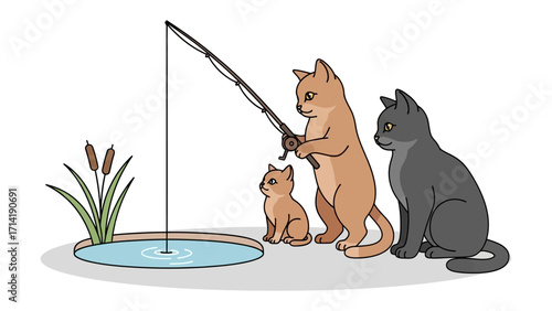 Cat's Fishing Adventure: A family of adorable cats embarks on a charming fishing excursion, with one cat skillfully casting a line into a serene pond, while the others watch with eager anticipation. 