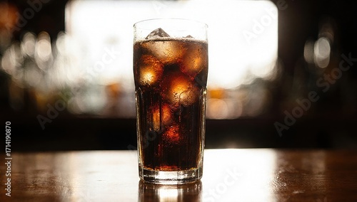 Glass of cola with clear glass, filled with ice, placed on wooden table in bar, light shining through glass
