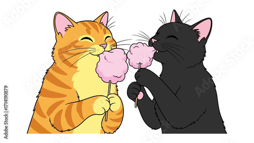 Whimsical Cat Treat: Two adorable cartoon cats, one orange and the other black, are joyfully enjoying a shared cotton candy treat. This delightful illustration exudes playfulness and charm.
