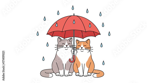 Cozy Cats Under Umbrella: Two charming cats find shelter from the gentle rain under a vibrant red umbrella, embracing a moment of shared warmth and companionship.