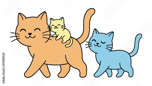 Happy Cartoon Cat Family: A charming illustration of a cat family, featuring a mother cat carrying a kitten on her back, accompanied by another playful kitten, radiating warmth and affection. 