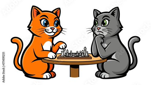 Cats Chess Game: Two anthropomorphic cats engage in a strategic game of chess, capturing the essence of playful competition and intellectual pursuit in a vibrant illustration.